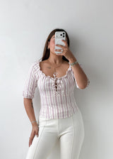 Size S-M Pink Striped Lace-Up Peasant Top