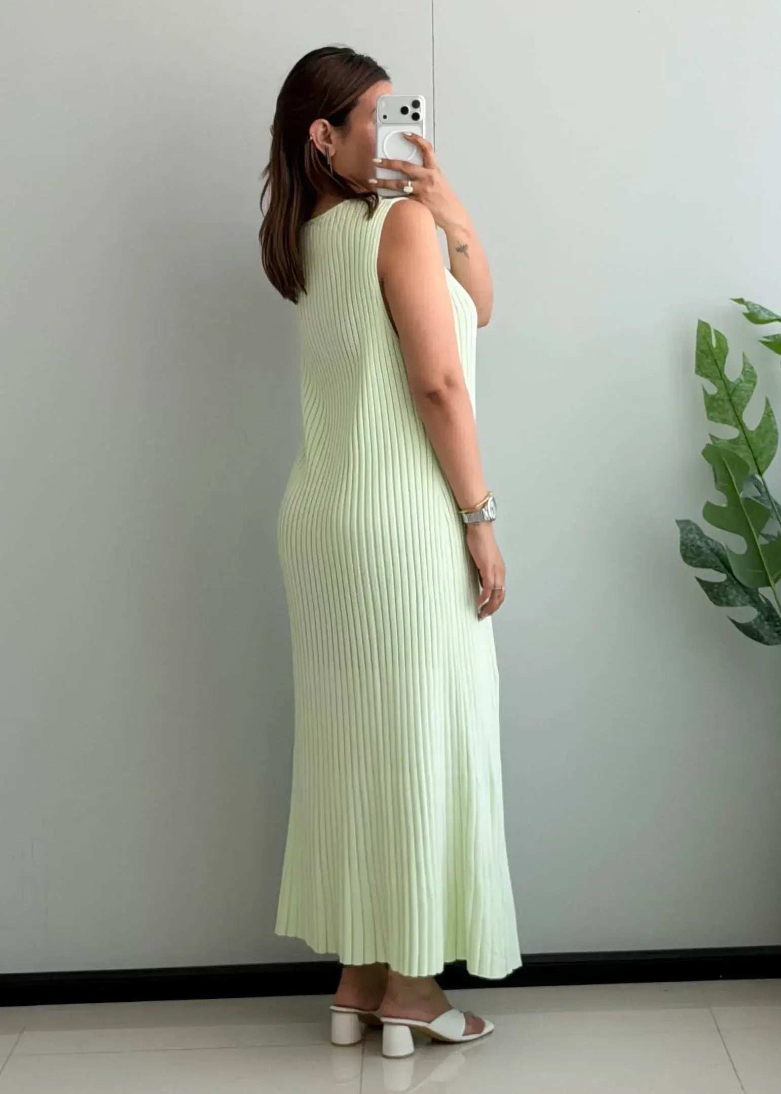 SIZE L-XL, Mint Green Ribbed Sleeveless Maxi Dress - Closet by Payal