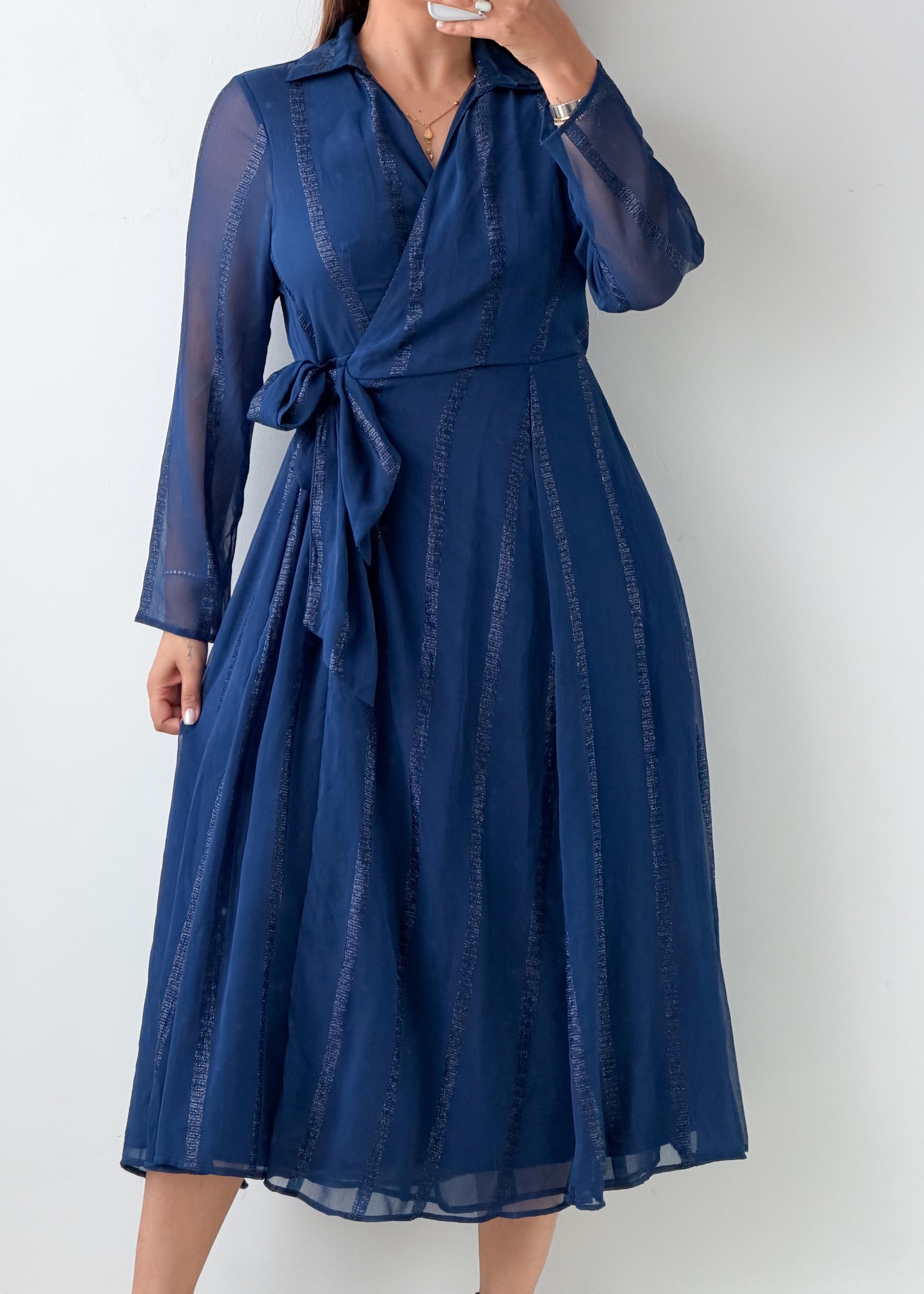 Size M-L Navy Blue Sheer Overlay Maxi Dress
