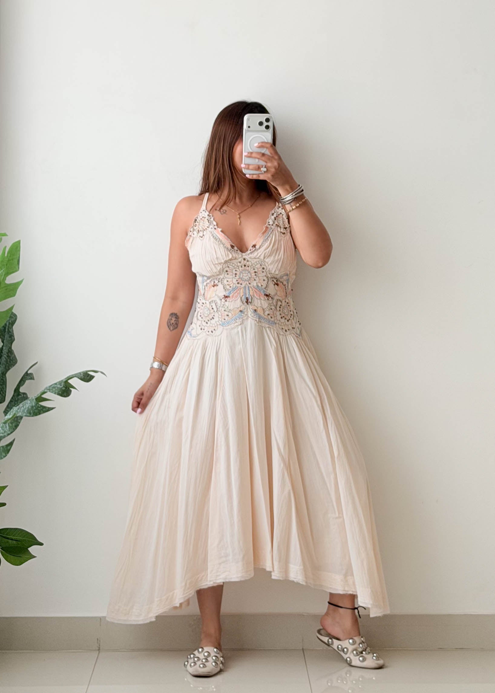 Size S-M Cream Embroidered Flared Midi Dress