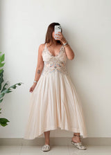 Size S-M Cream Embroidered Flared Midi Dress