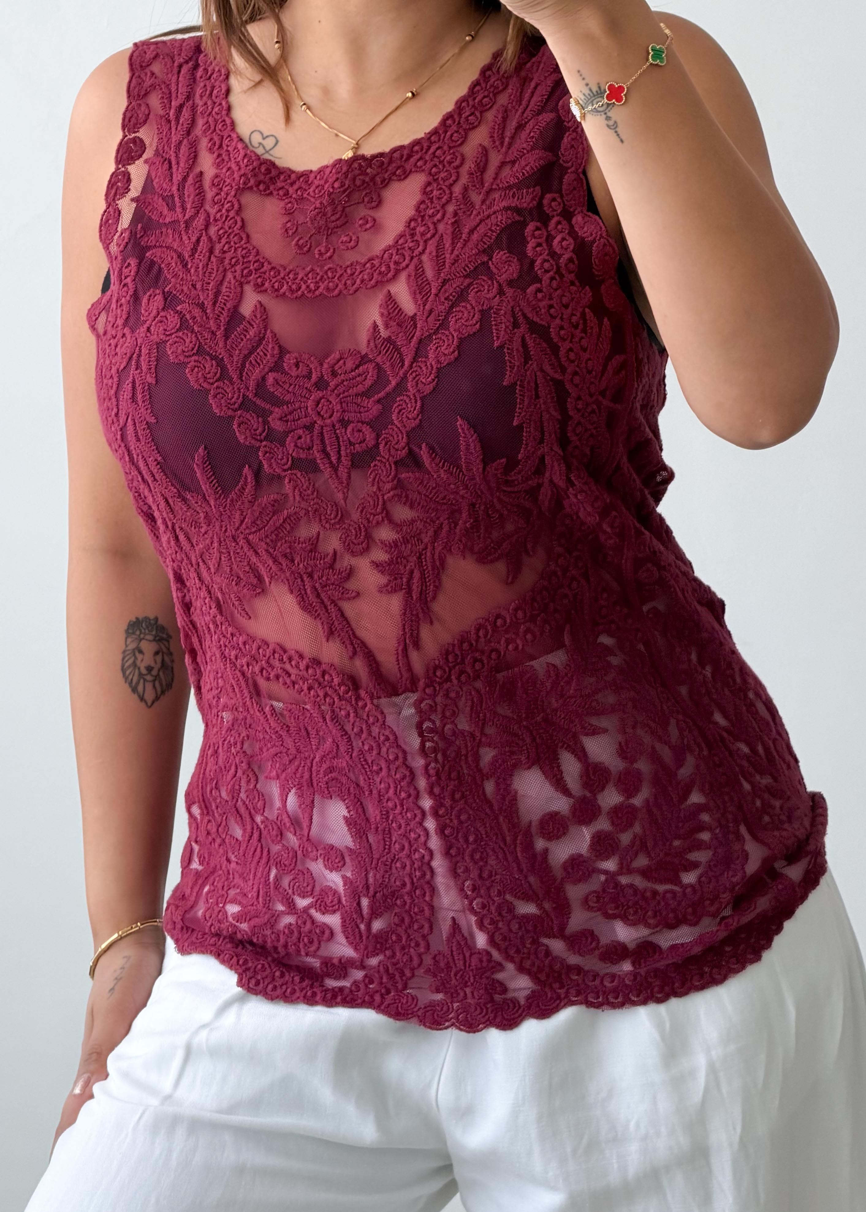 Size S-M Burgundy Lace Sheer Sleeveless Top