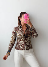 Size XS Brown Floral Fitted Shirt Top