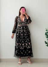 Size XS-S Black Floral Embroidered Midi Dress