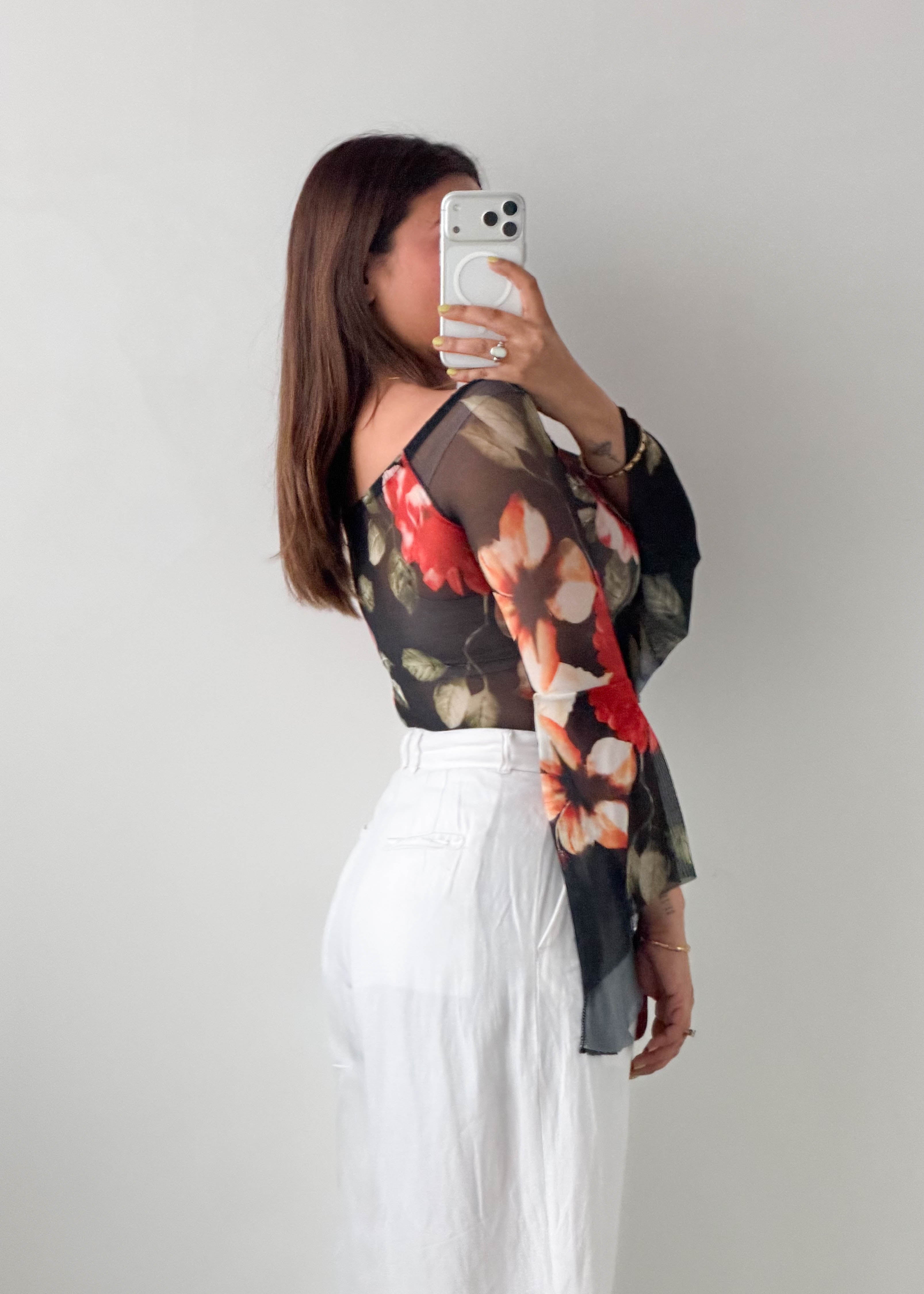 Size S-M Black Floral Mesh Bodysuit