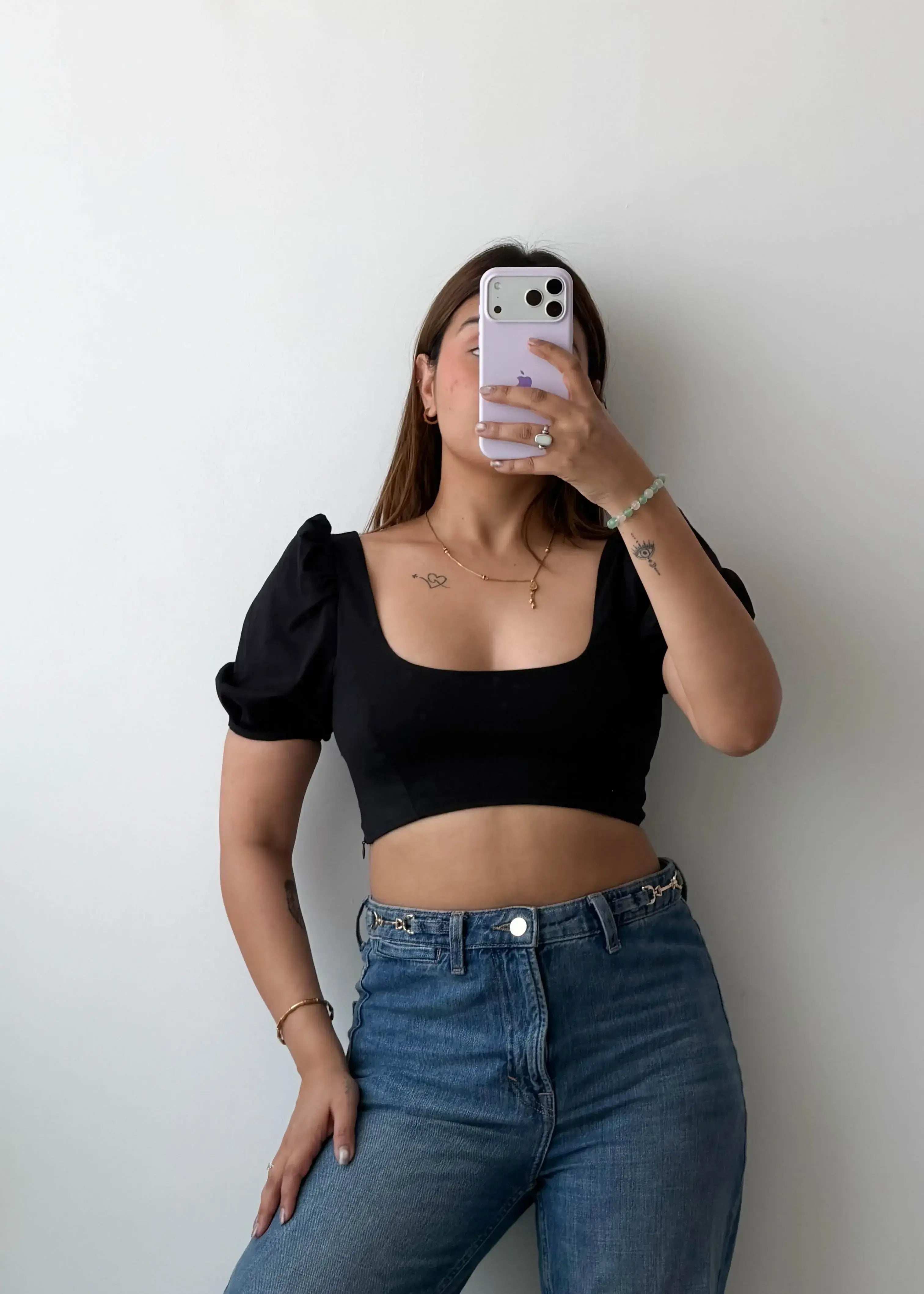 Size XS-S Black Puff Sleeve Crop Top