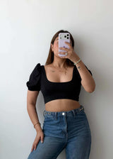 Size XS-S Black Puff Sleeve Crop Top