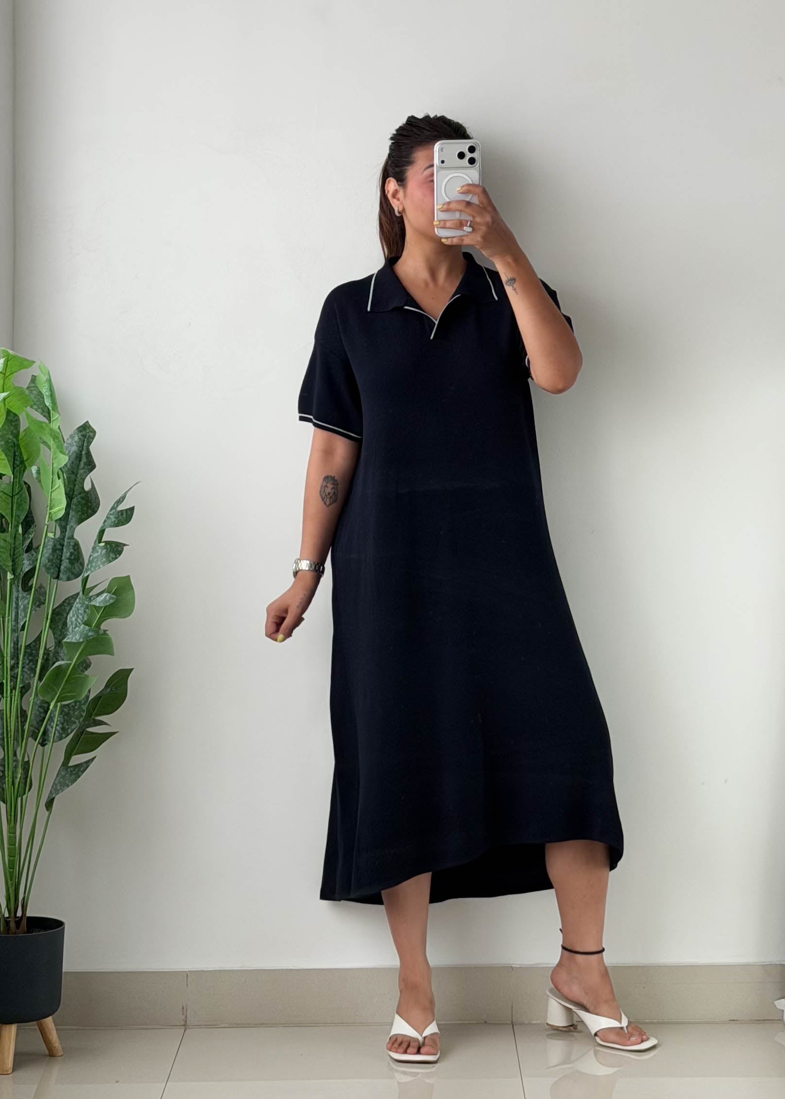 Size L-XL Navy Collared Midi Dress