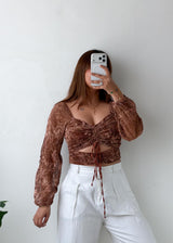 Size S-M Brown Velvet Ruched Tie Front Top