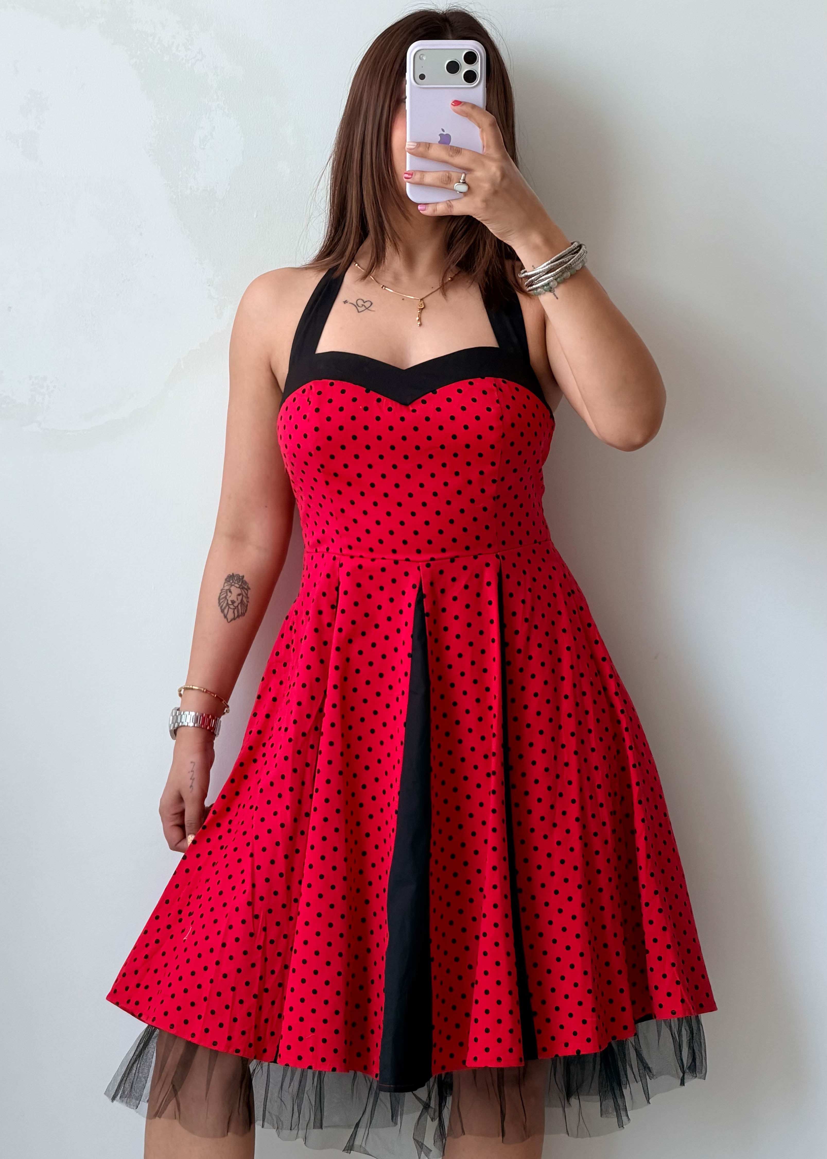Size S-M Red & Black Cotton Polka Fit & Flare Dress