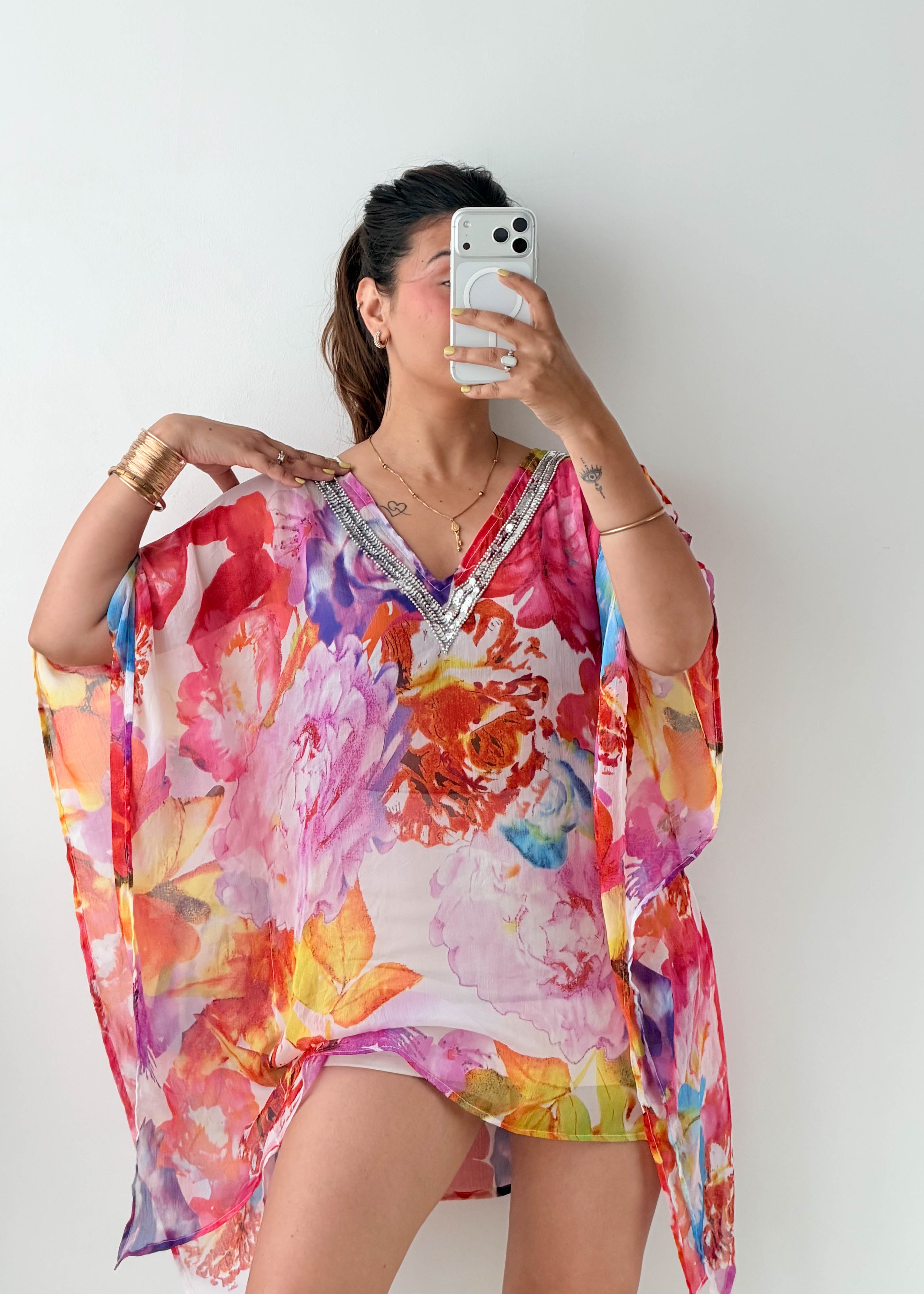 Free Size Pink Floral Kaftan Top