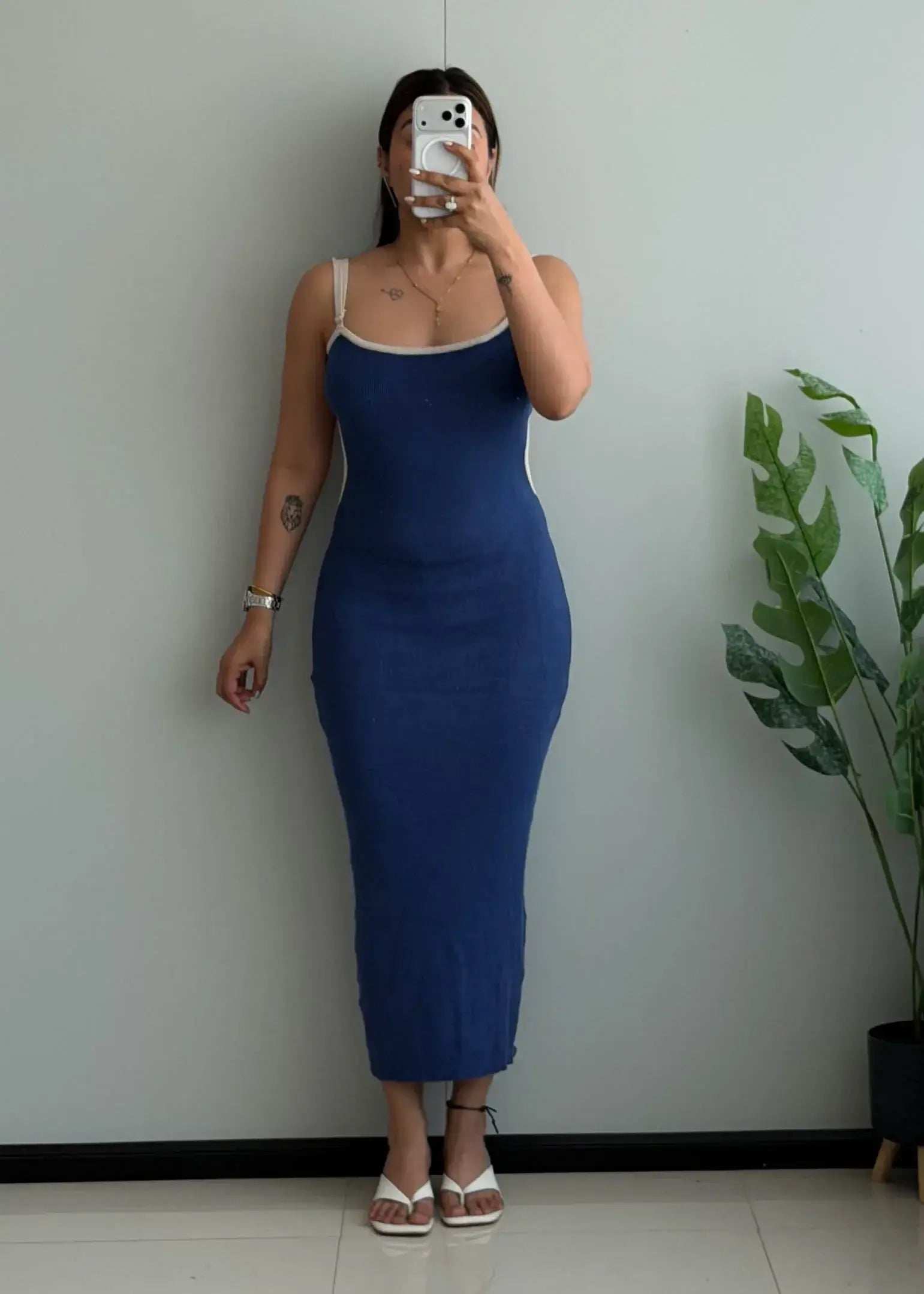 SIZE S-M, Navy Contrast Strap Ribbed Midi Dress - Closet by Payal