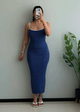 SIZE S-M, Navy Contrast Strap Ribbed Midi Dress - Closet by Payal