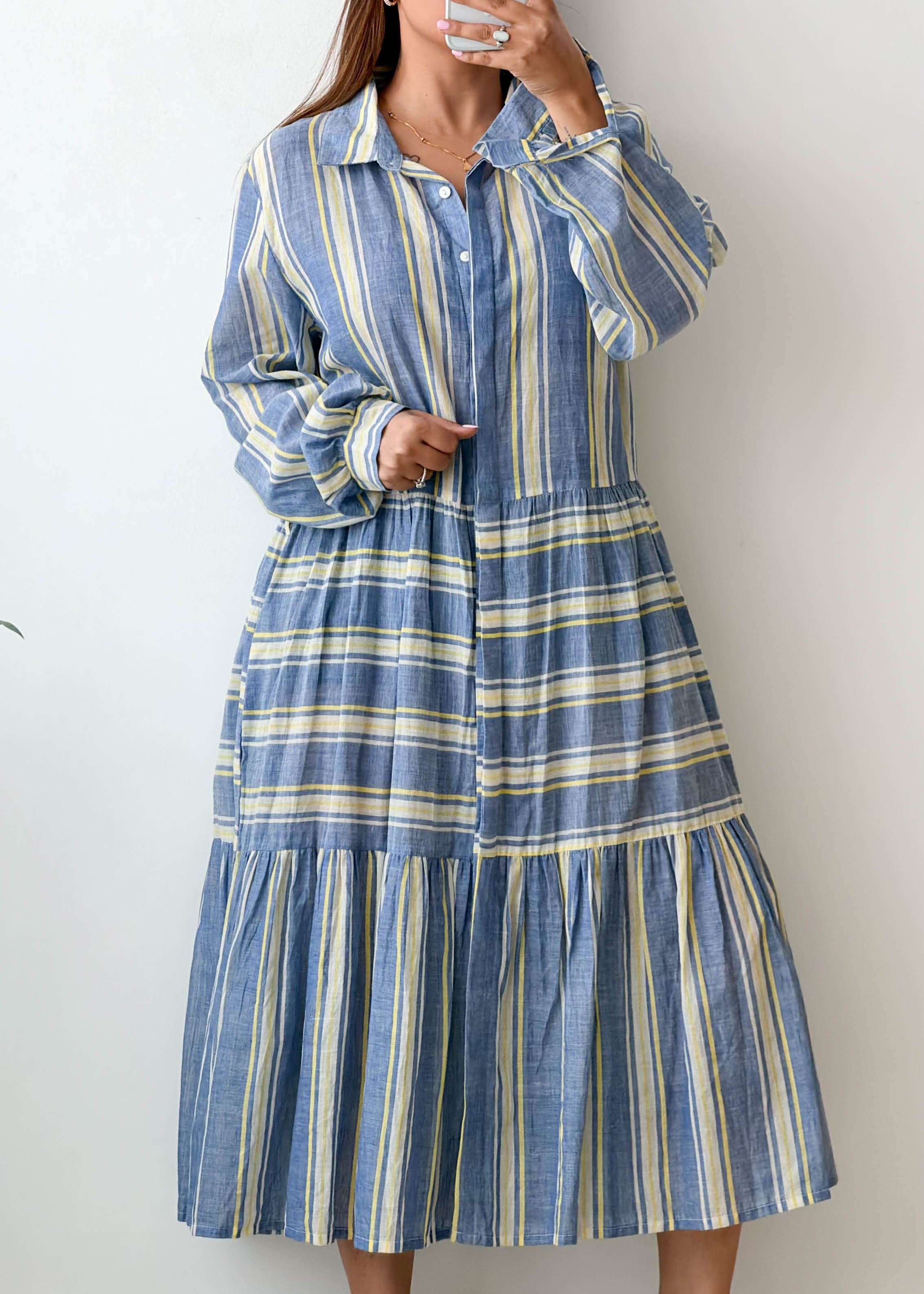 Size L-XL Blue Striped Shirt Midi Dress