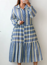 Size L-XL Blue Striped Shirt Midi Dress