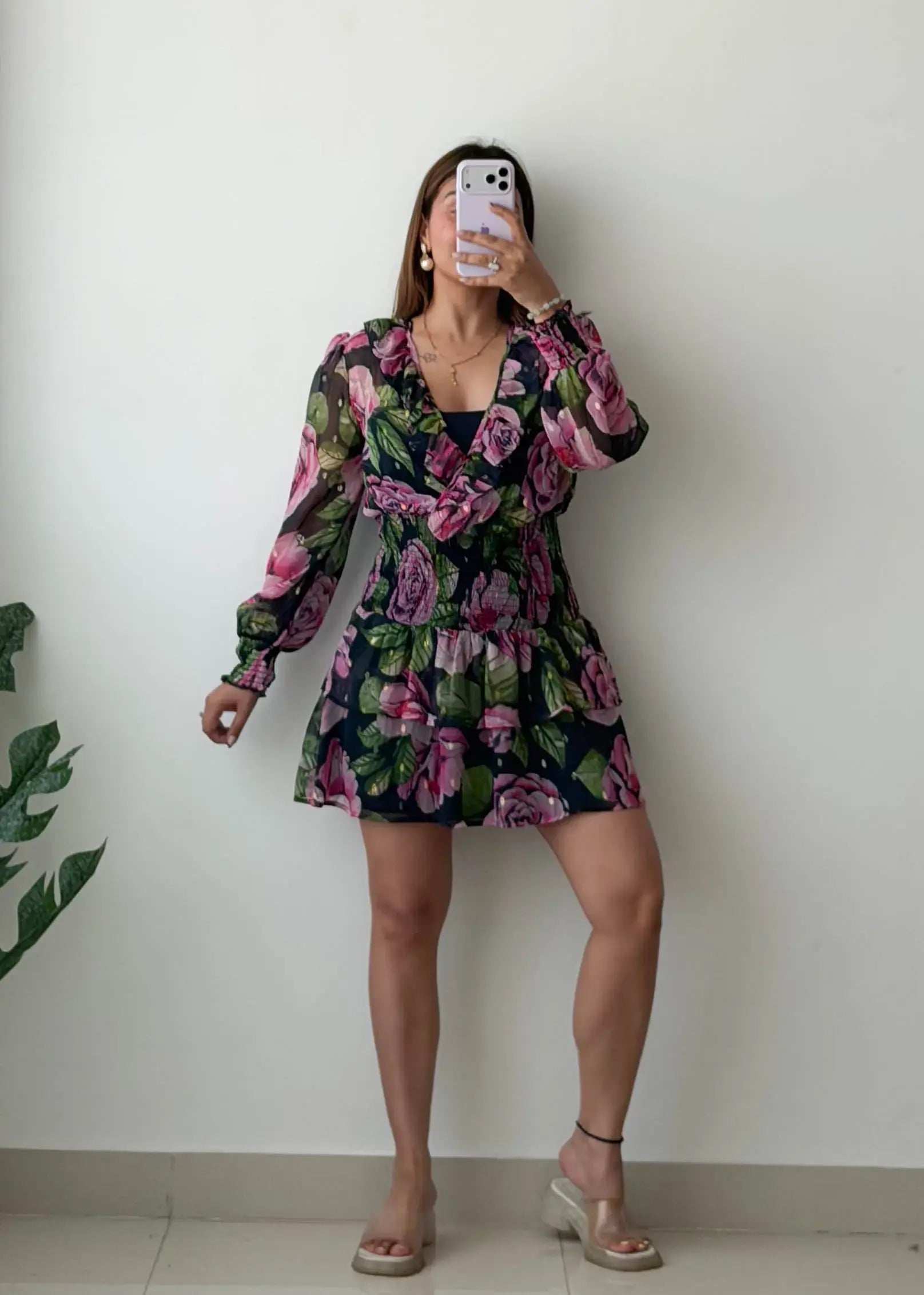 Size S-M, Black Floral Wrap Mini Dress