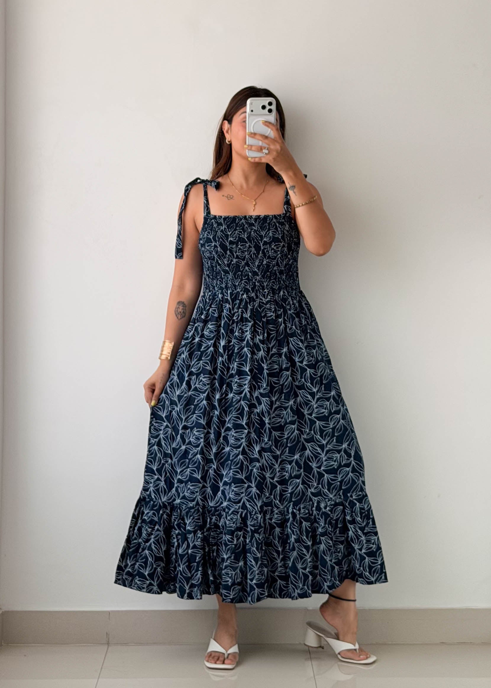 Size M-L Navy Floral Smocked Maxi Dress