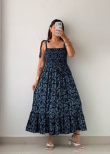 Size M-L Navy Floral Smocked Maxi Dress