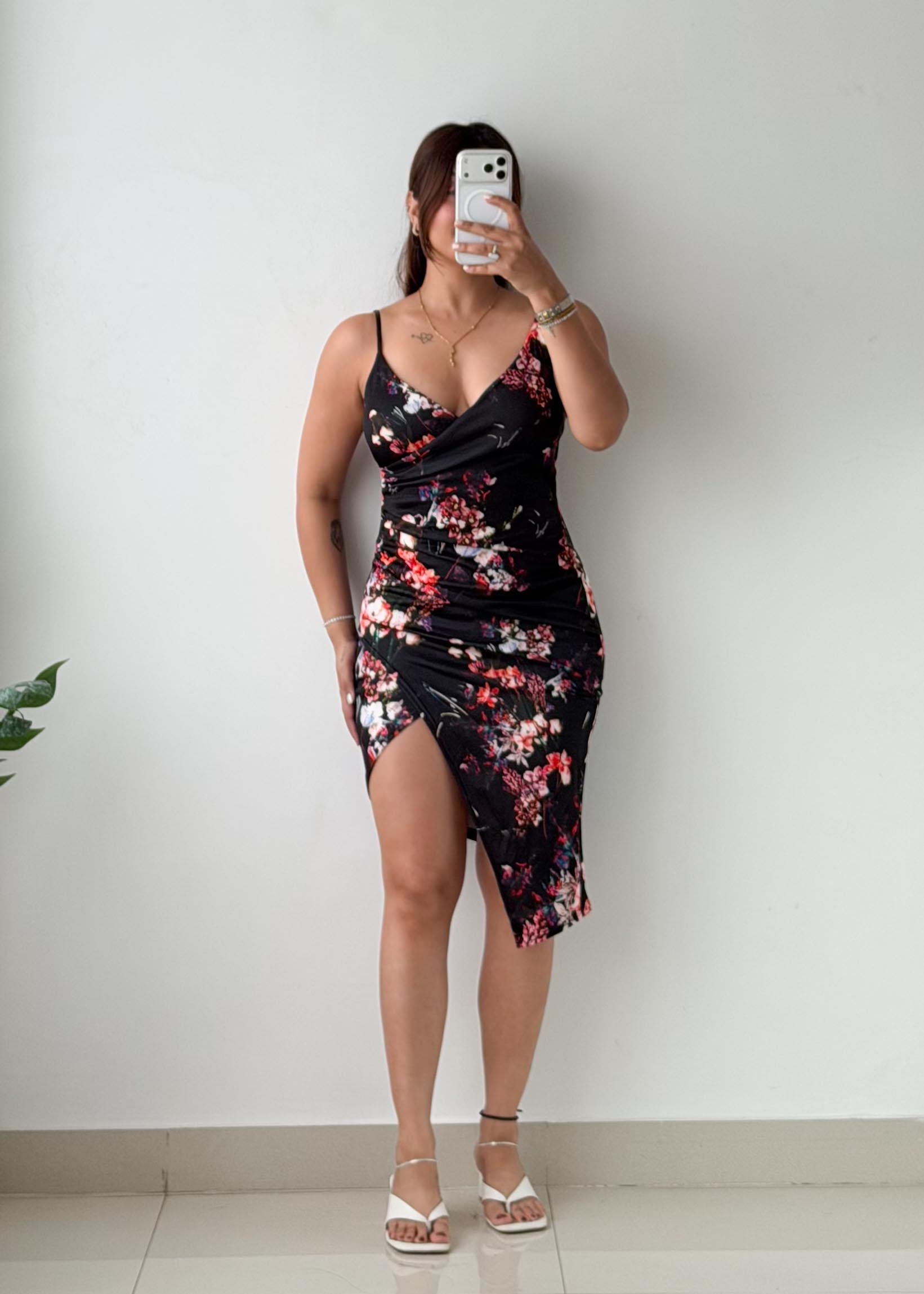 Size S-M Black Floral Wrap Midi Dress