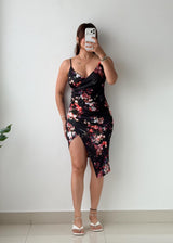 Size S-M Black Floral Wrap Midi Dress