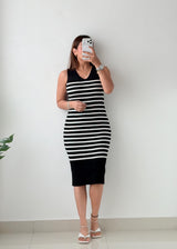 Size S-M Black & White Striped Ribbed Knit Midi Dress