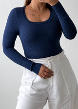 Size XS-S Navy Ribbed Scoop Neck Bodysuit