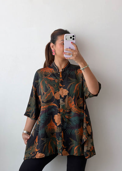 M-L Black Tropical Soft Chiffon Oversized Shirt