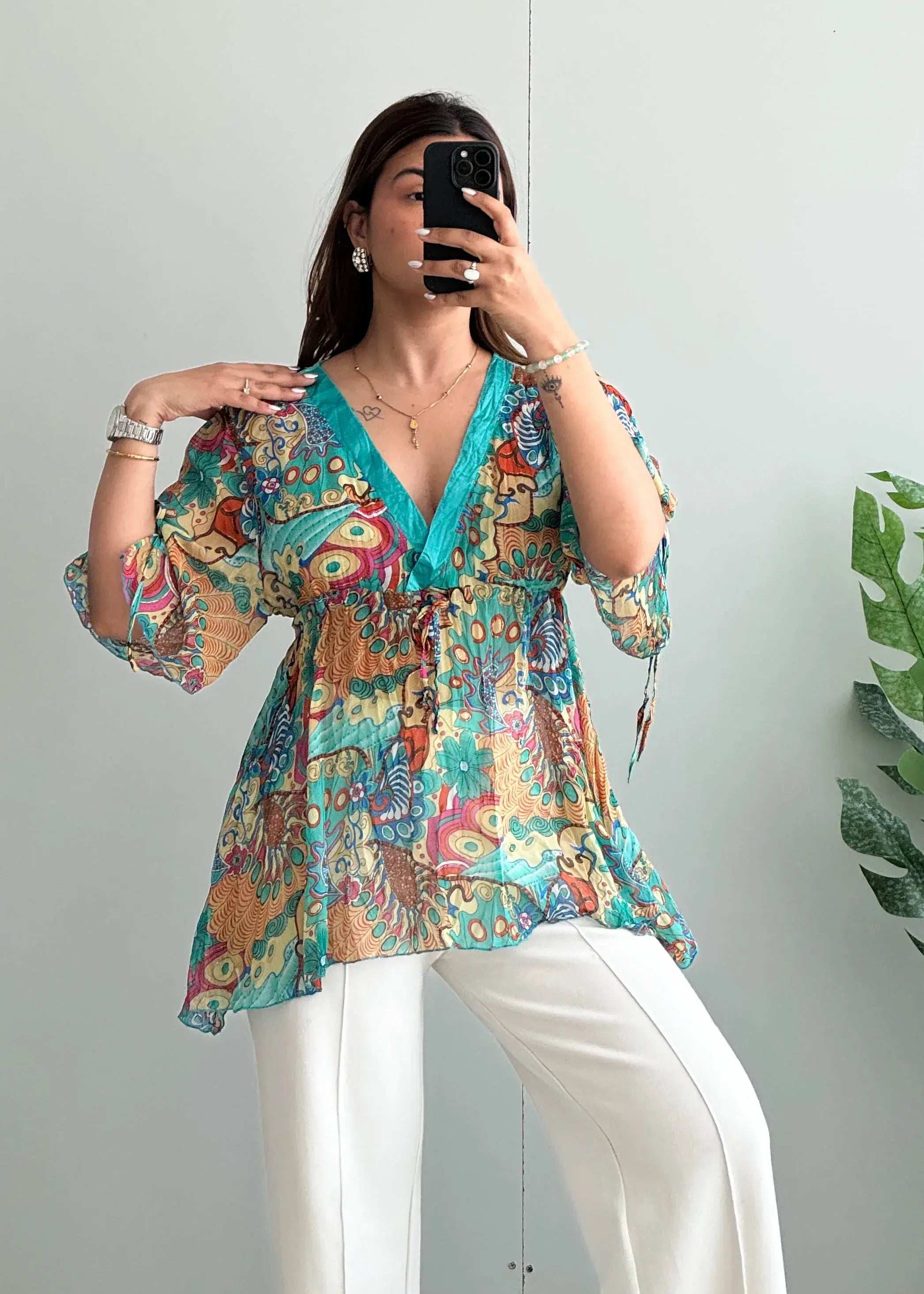 Size M-L, Multicolor Boho Print Tie-Waist Peplum Top - Closet by Payal