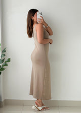 Size M-L Beige Ribbed Knit Maxi Dress