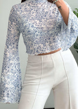 Size S-M, Blue Floral Bell Sleeve Crop Top for Women - Closet by Payal