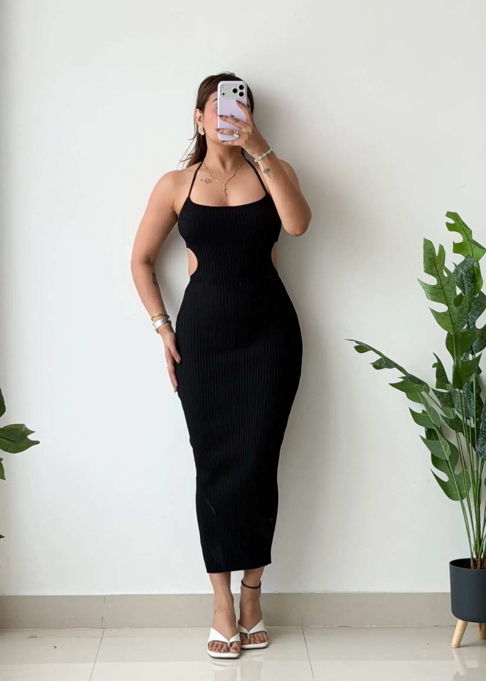 Size XS-S, Black Side Cut-Out Ribbed Maxi Dress - Closet by Payal