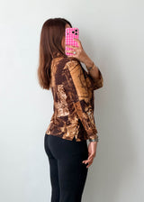 Size S-M Brown Vintage Abstract Print Shirt Top