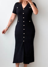 Size XS-S Black Gold Button Ribbed Midi Dress