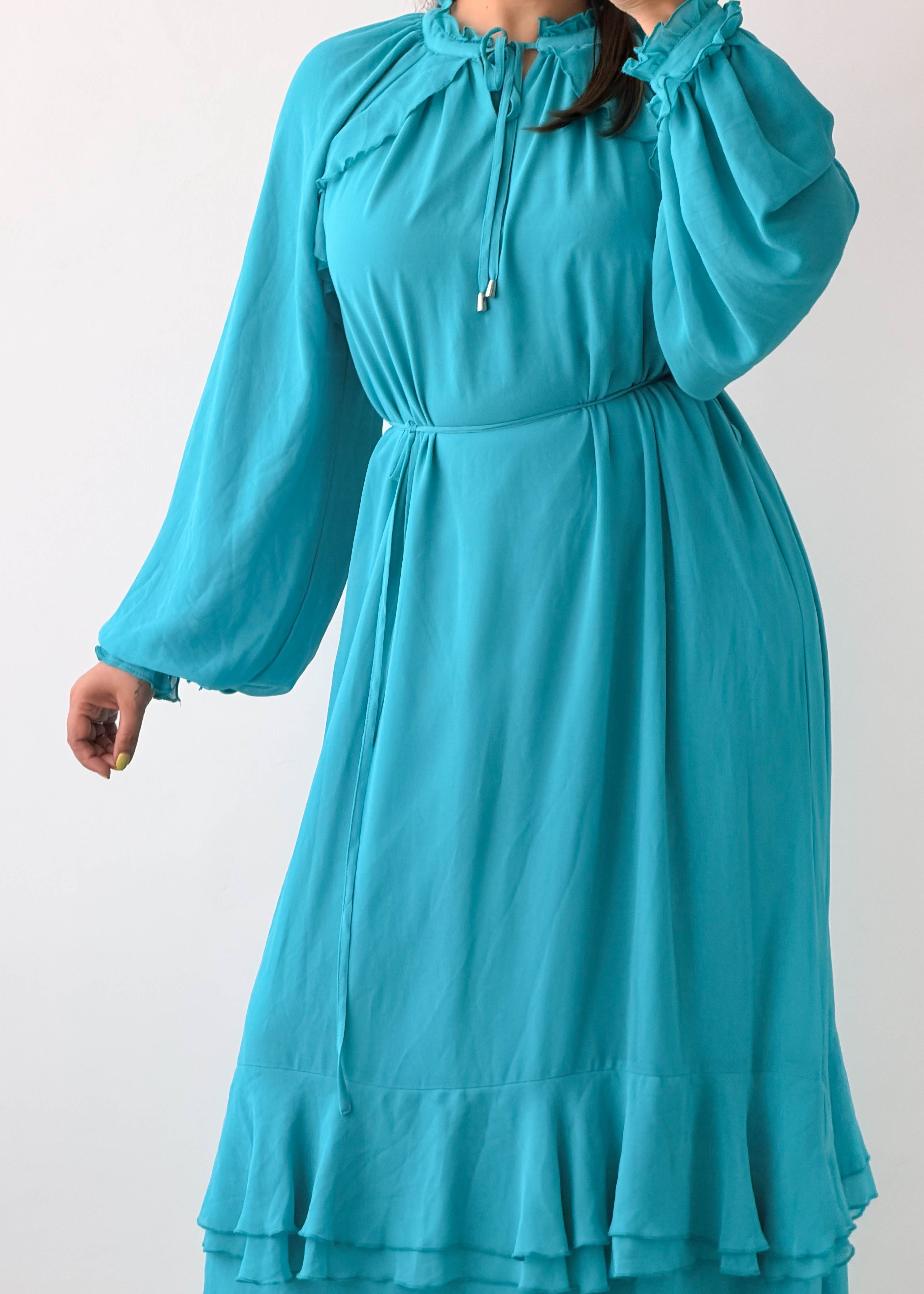 Size M-L Turquoise Chiffon Tiered Maxi Dress