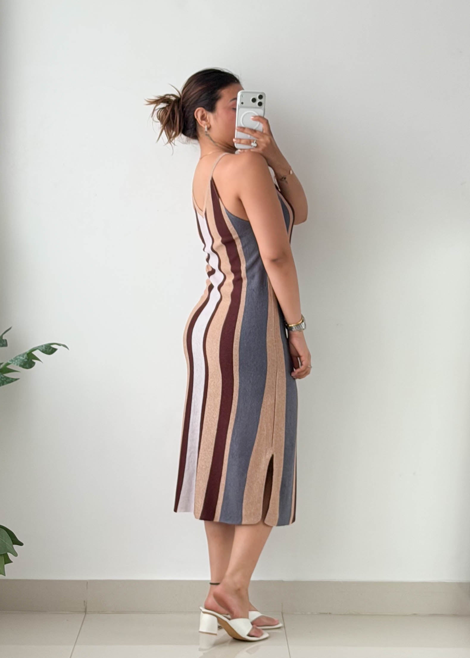 Size S-M Multicolor Striped Ribbed Knit Midi Dress