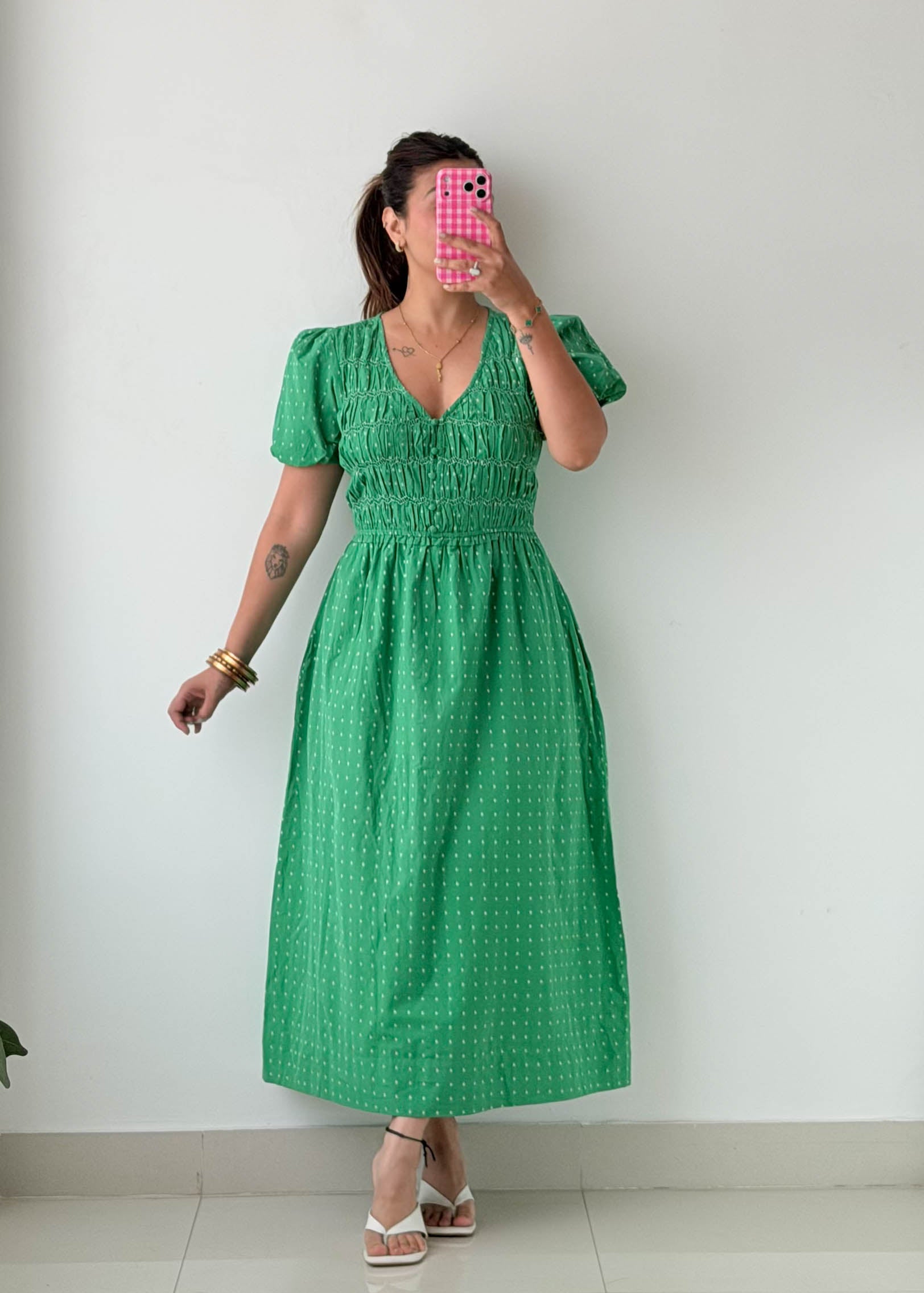 Size M-L Green Swiss Dot Midi Dress