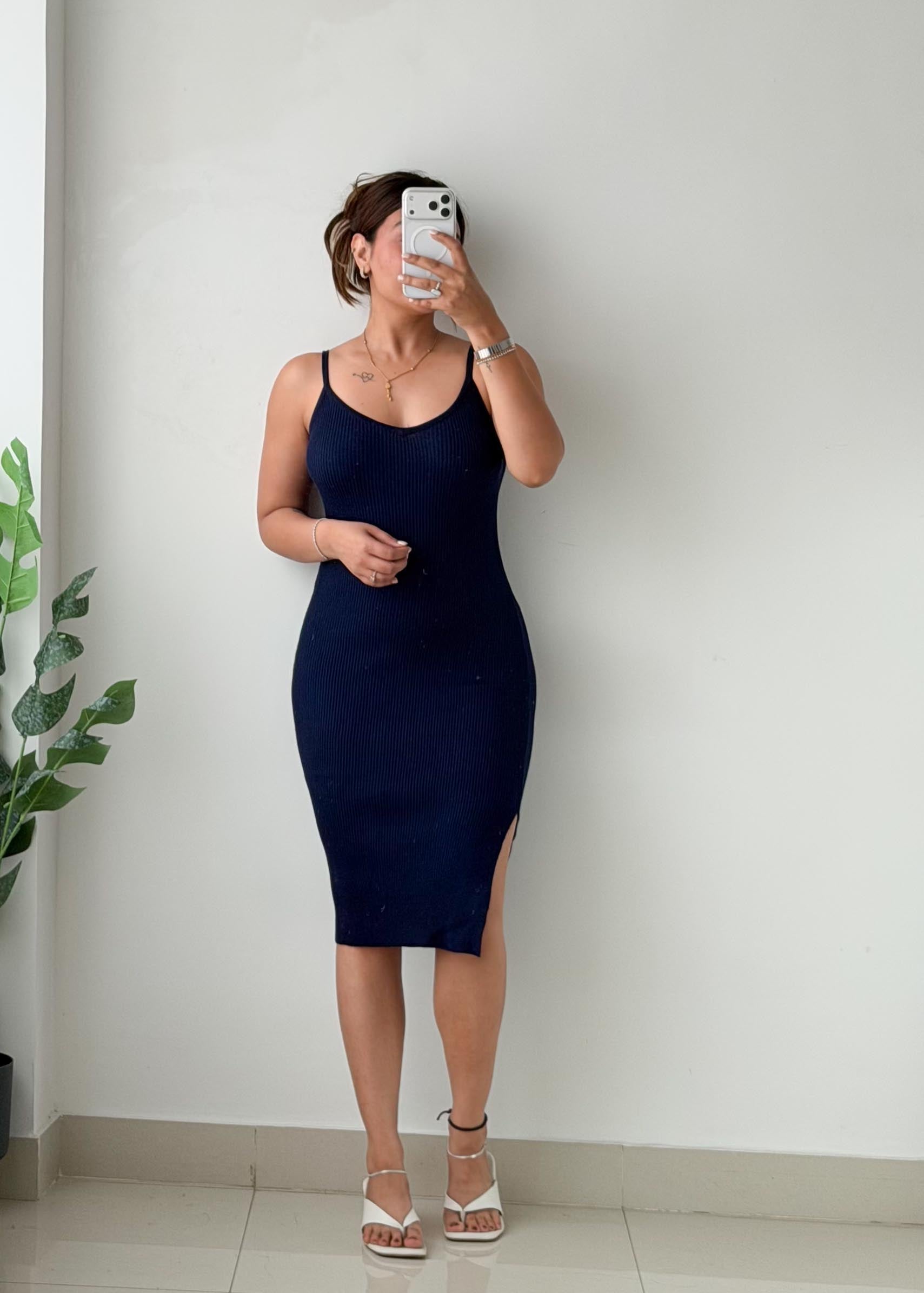 Size S-M Navy Ribbed Midi Dress