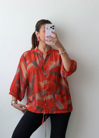 M-L Orange Abstract Oversized Soft Chiffon Shirt