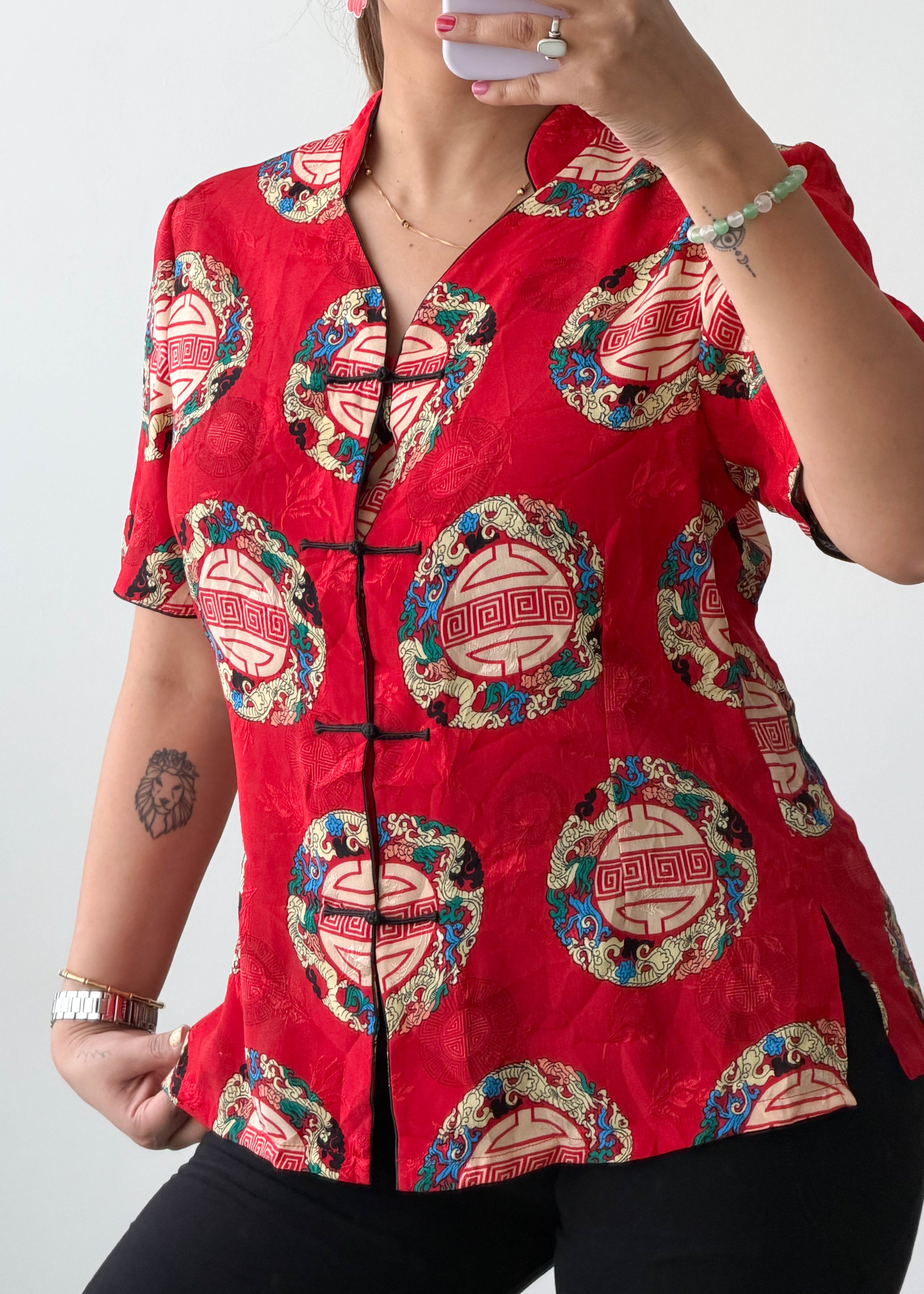 XS-S Red Ethnic Motif Cotton Voile Shirt