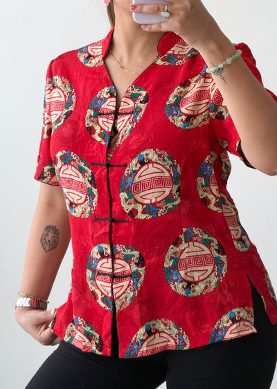 XS-S Red Ethnic Motif Cotton Voile Shirt