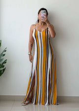 M-L Yellow White Striped Side Slit Maxi Dress