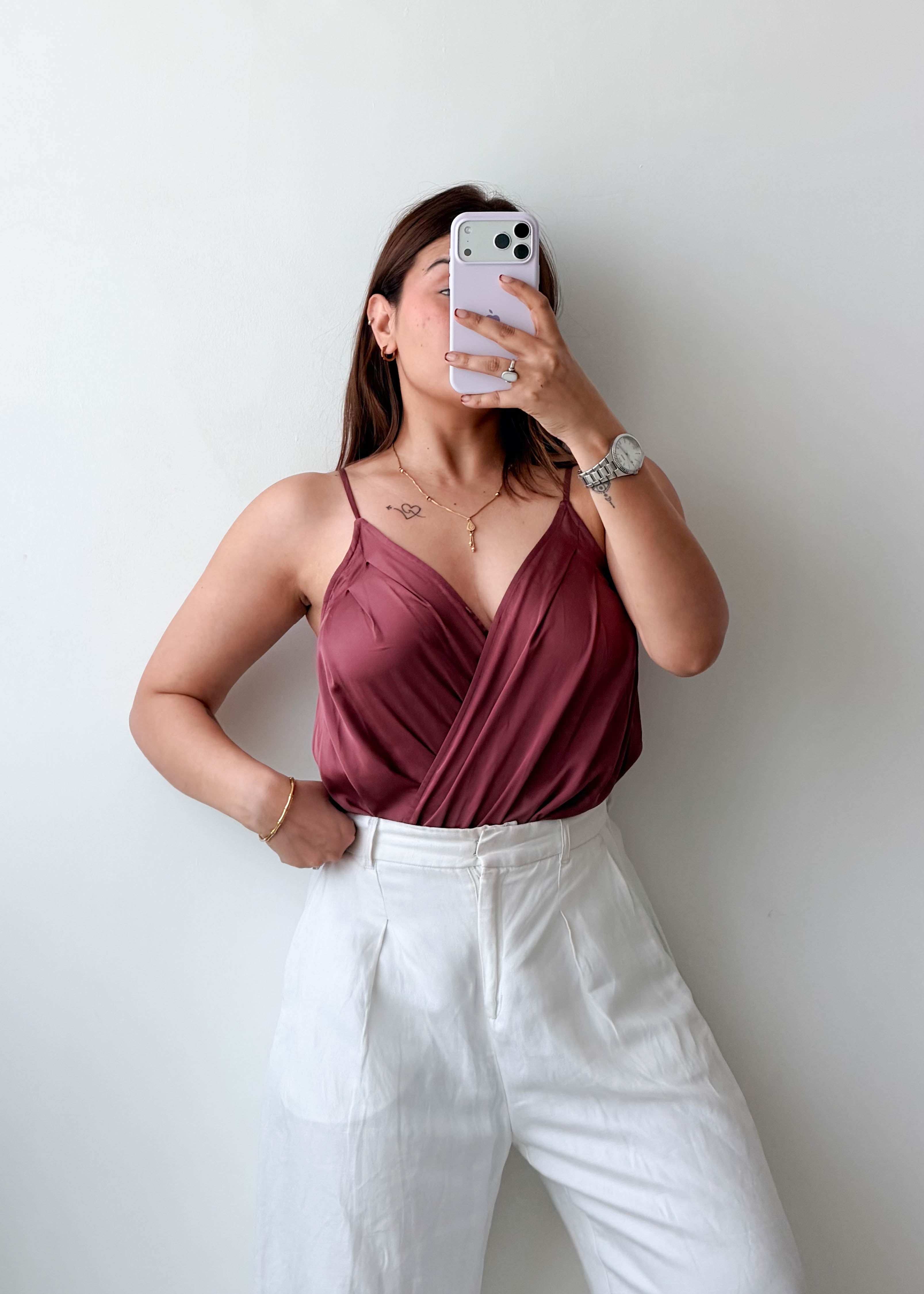 Size XS-S Mauve Satin Wrap Bodysuit