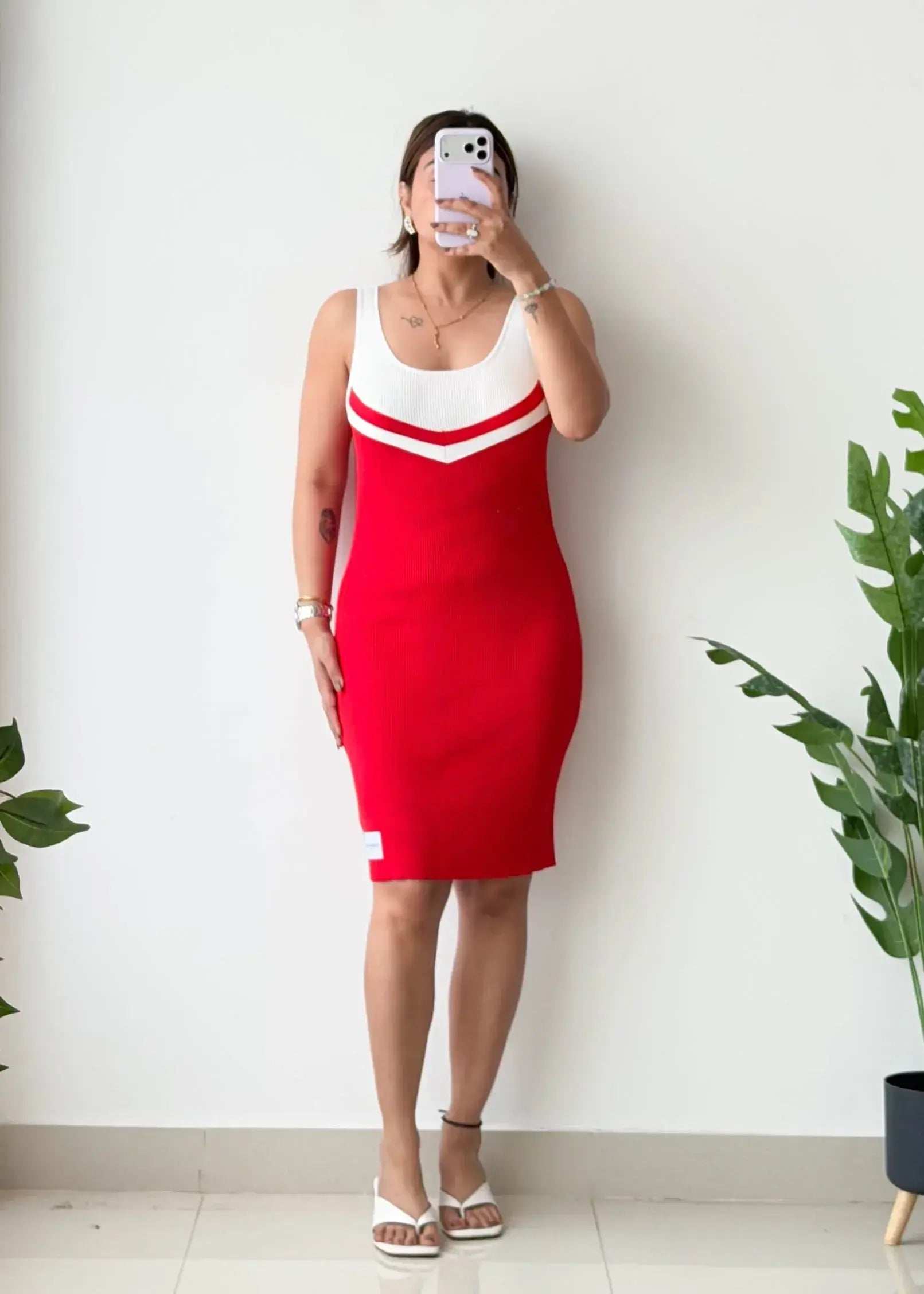 Size M-L, Red & White Contrast Midi Dress - Closet by Payal