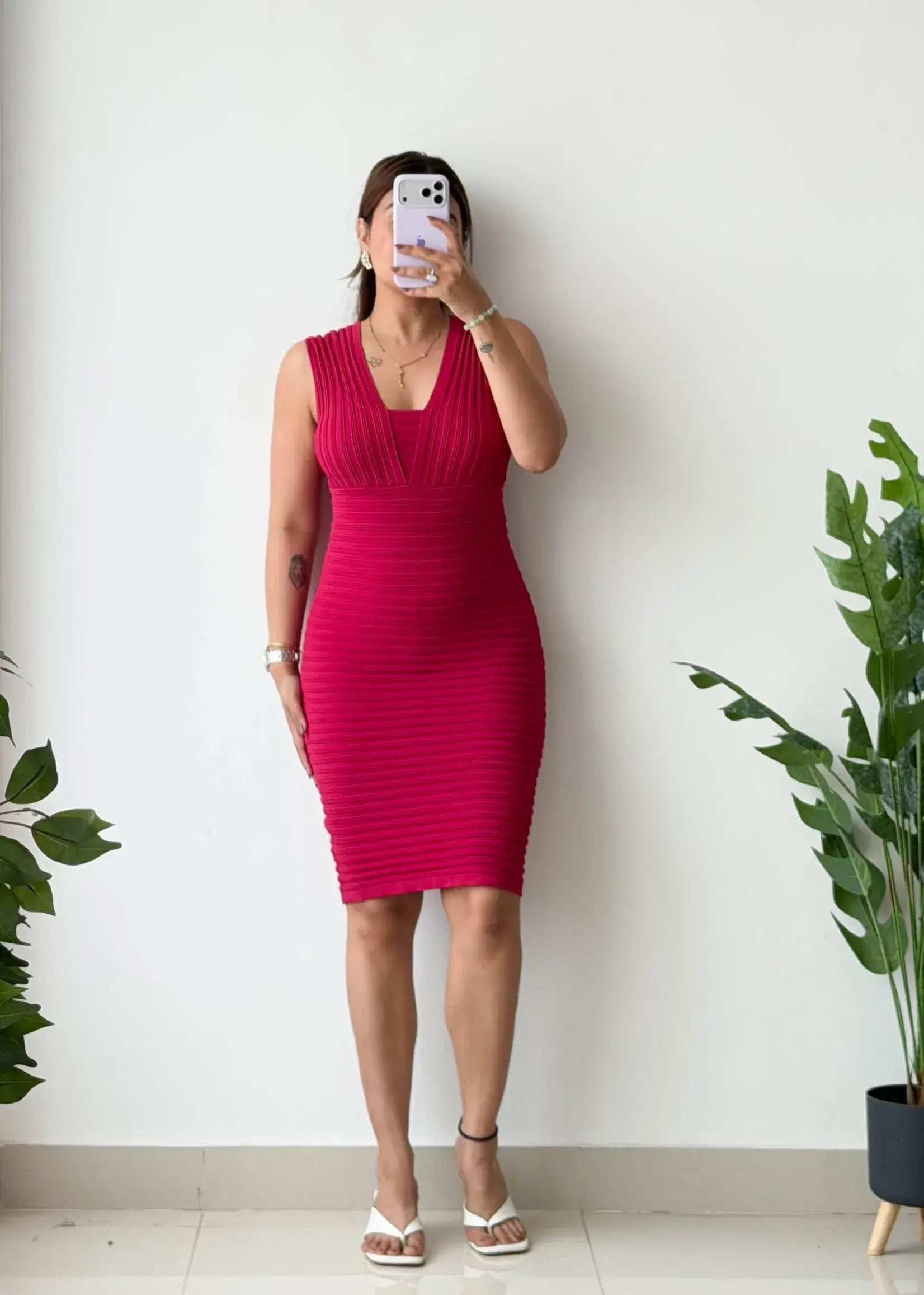 Size S-M, Pink Sleeveless Ribbed Midi Dress - Closet by Payal