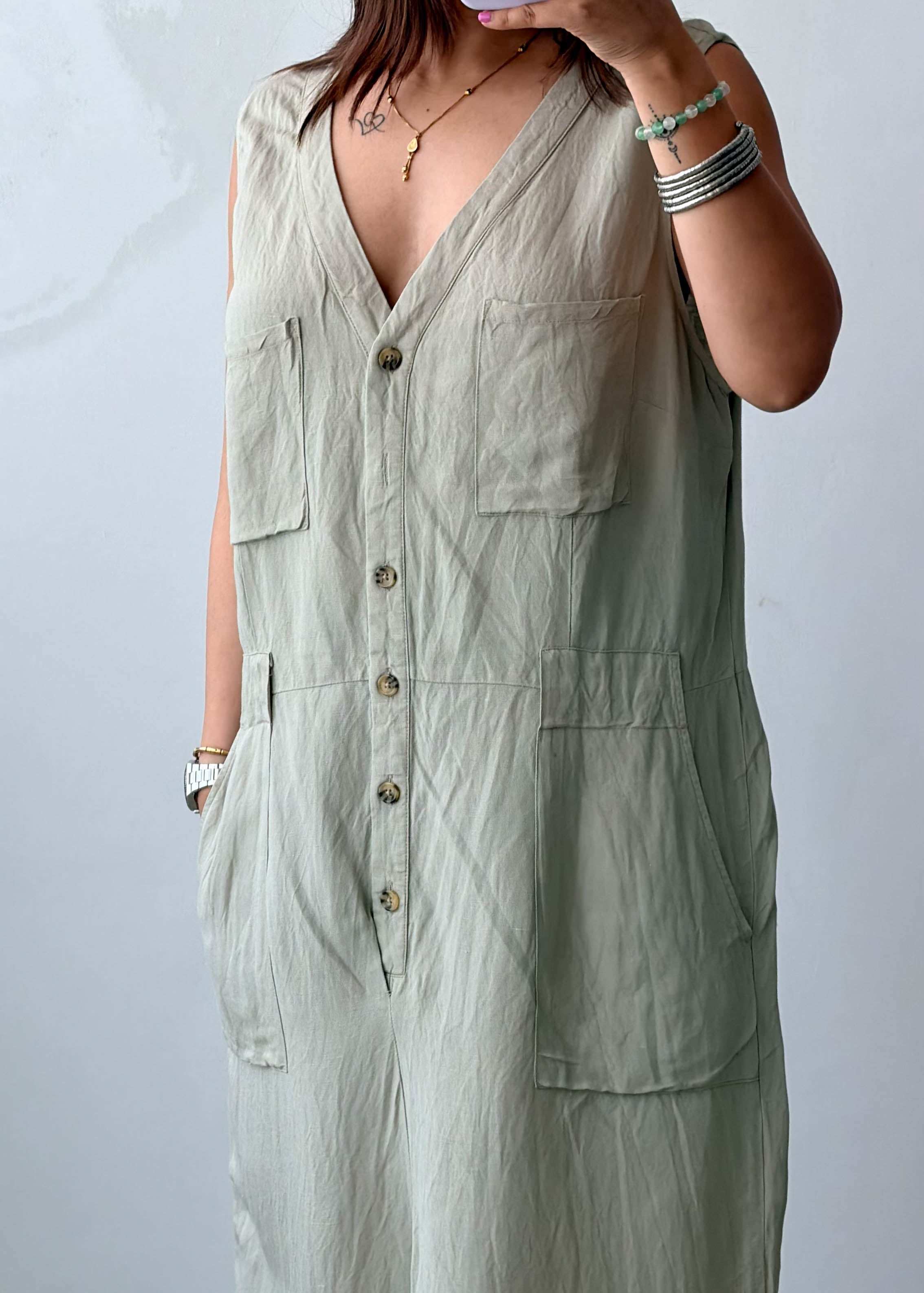 Size M-L Cotton Beige Utility Midi Dress