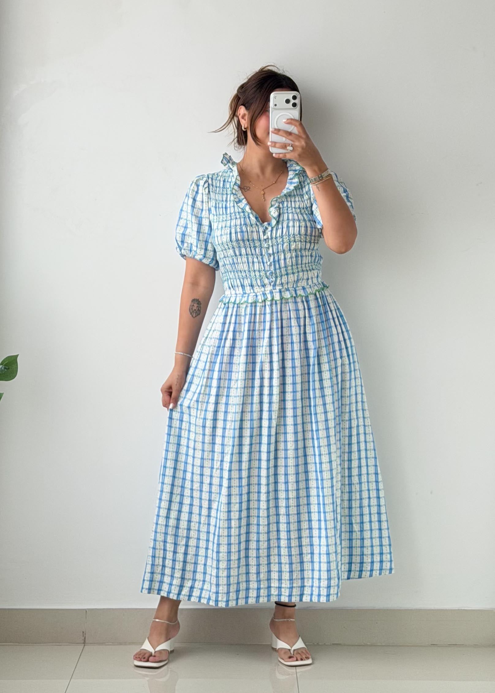 Size M-L/ XL-2XL Blue Checkered Midi Dress