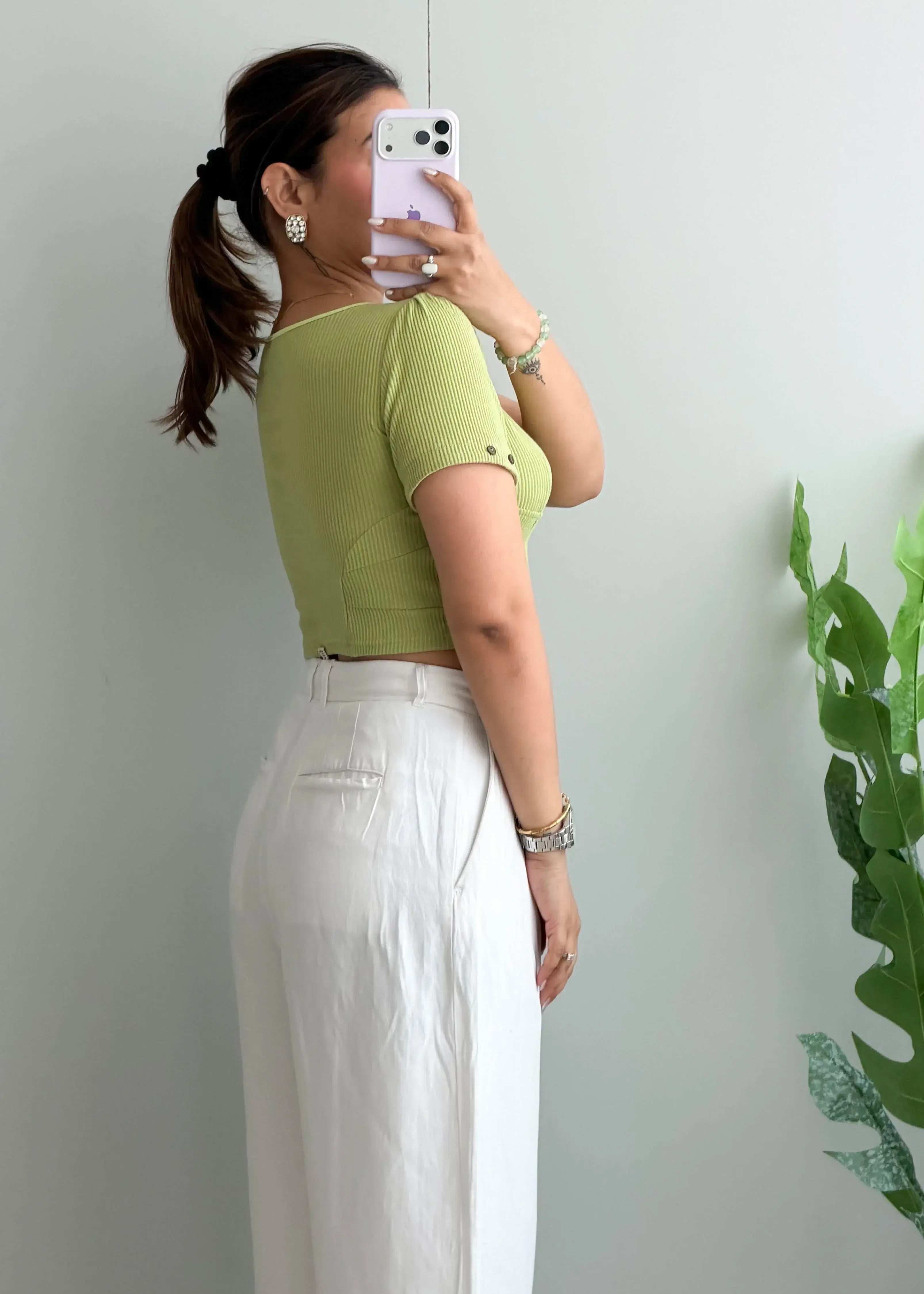 Size XS-S, Light Green Scoop Neck Ribbed Crop Top - Closet by Payal