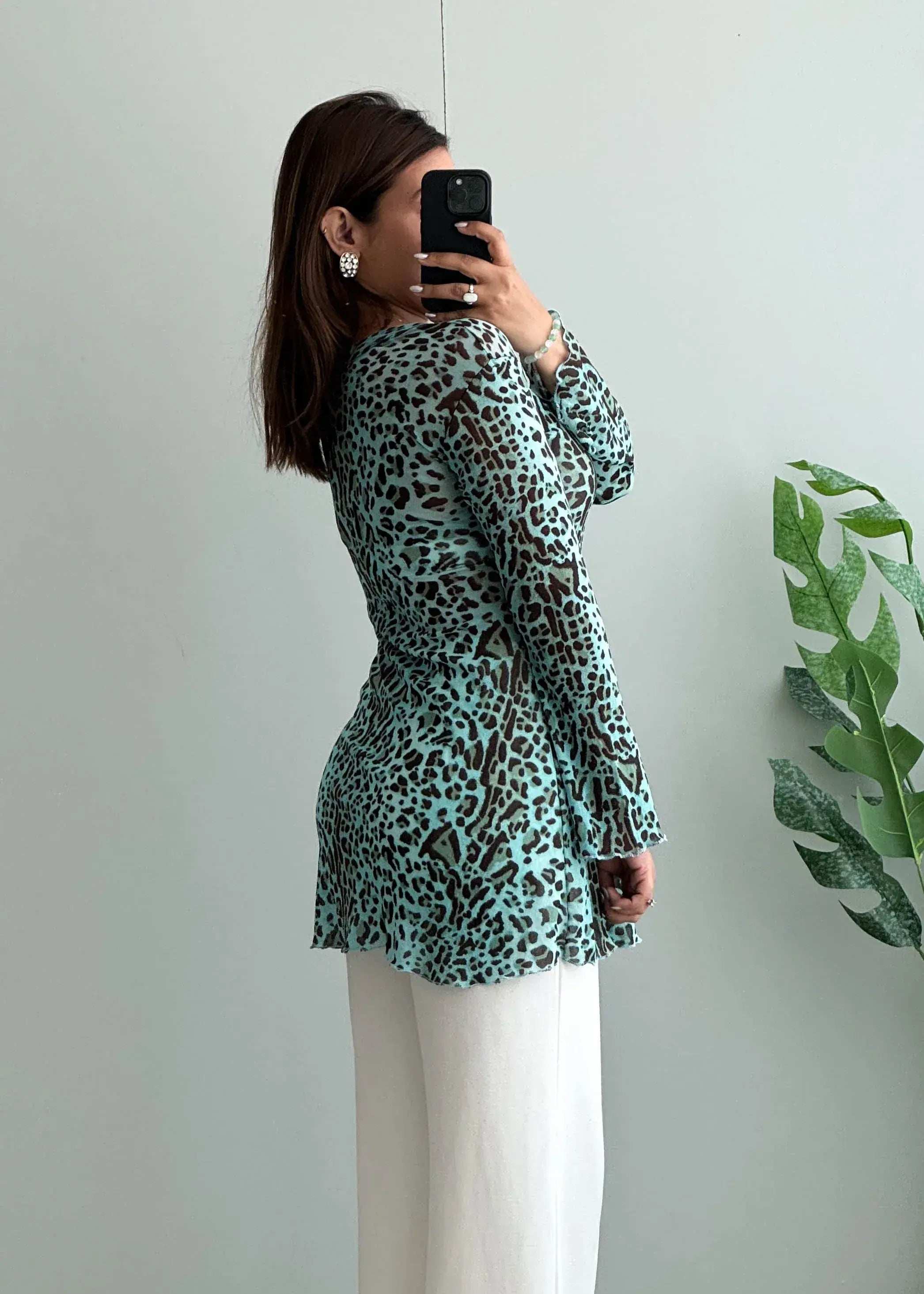 Size S-M, Mint Animal Print long Peplum Top - Closet by Payal
