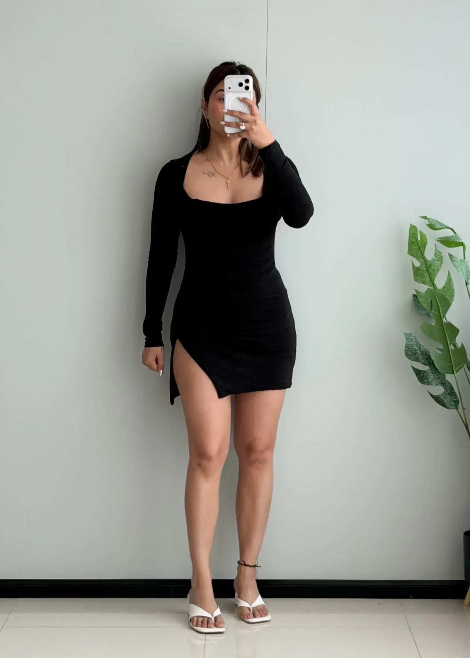 SIZE XS-S, Black Long Sleeve Slit Mini Dress - Closet by Payal