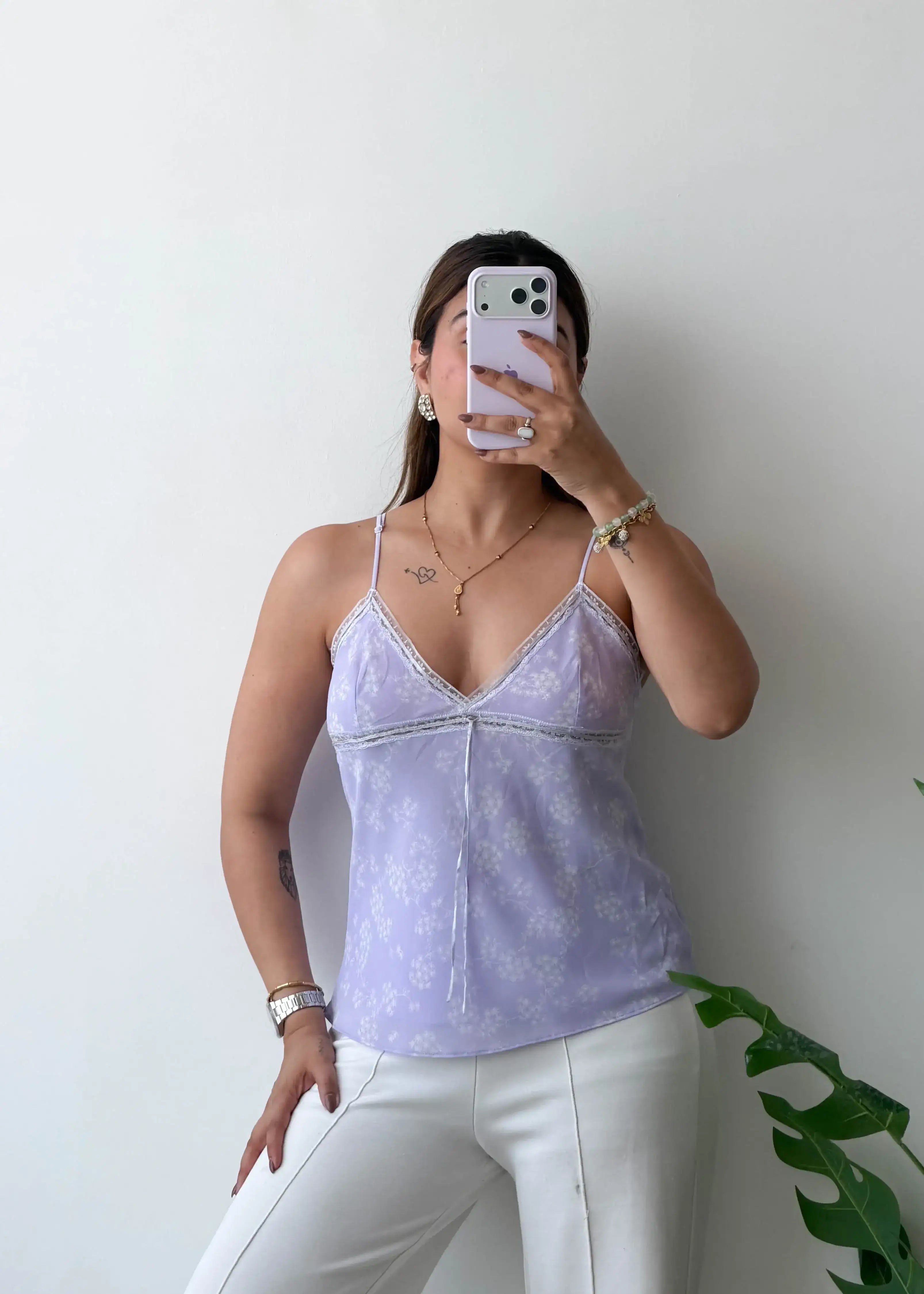 Size S-M, Floral Lace Trim Cami Top